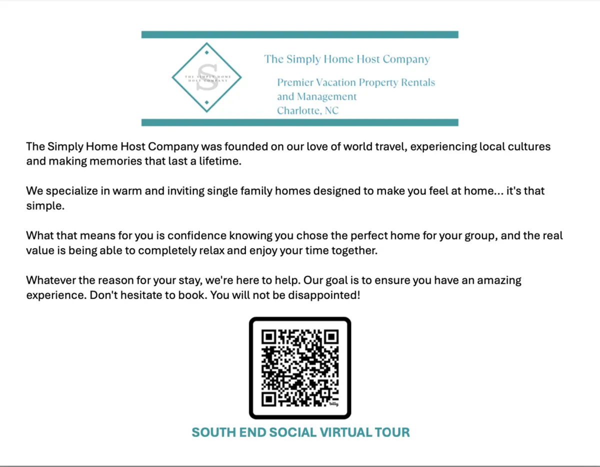 An interior shot featuring the logo of The Simply Home Host Company, text about the company, and a QR code for a virtual tour. The image conveys a sense of hospitality and encourages exploring local attractions and amenities.
